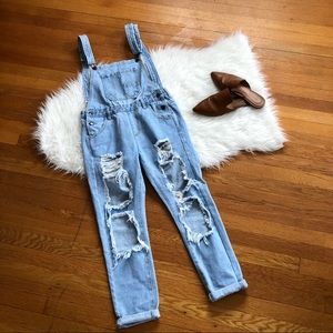 Boohoo | Light Wash Distressed Overalls 2